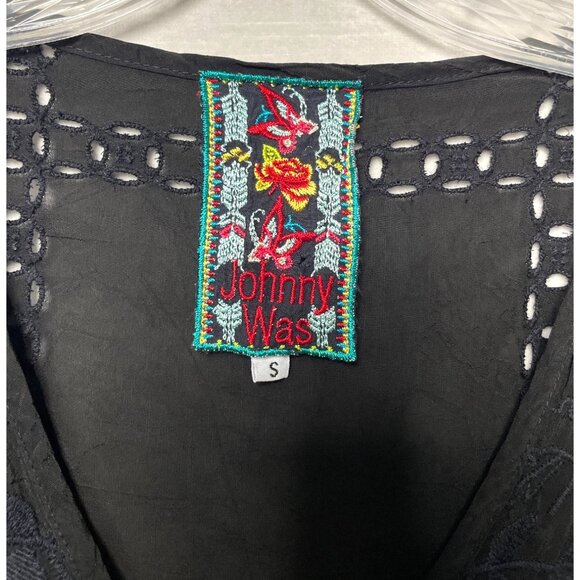 Johnny Was Black Embroidered Button-Front Blouse Roll Tab Sleeve Waist Tie Small - Picture 4 of 11